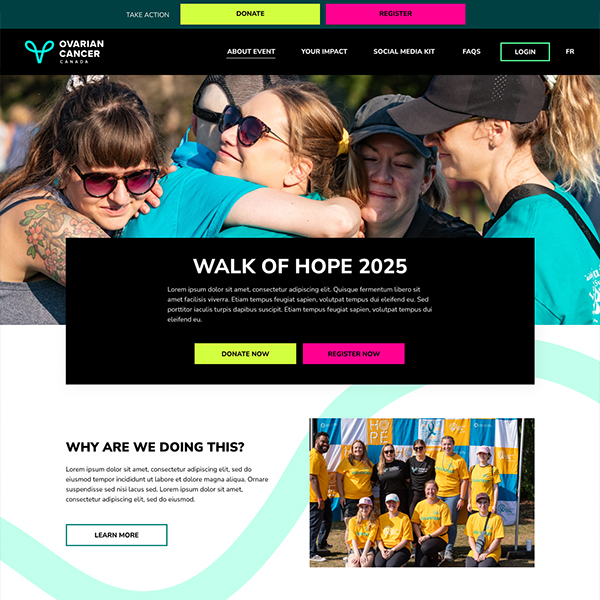 Screenshot of the homepage of the Ovarian Cancer Canada WordPress website, designed by Justine Pitcher