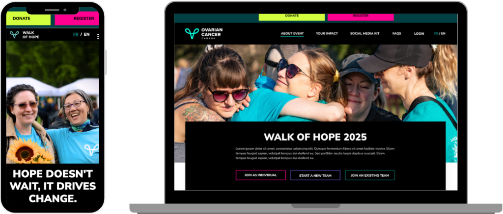 Mobile and desktop screenshots of the Ovarian Cancer Canada Walk for Hope website designs by Justine Pitcher