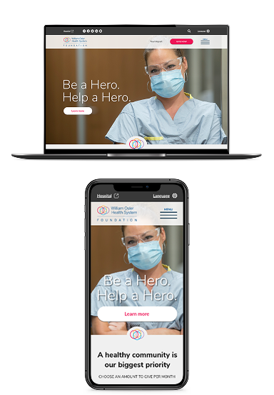 Mobile and Desktop screenshots of the William Osler Health Foundation WordPress website, designed by Justine Pitcher