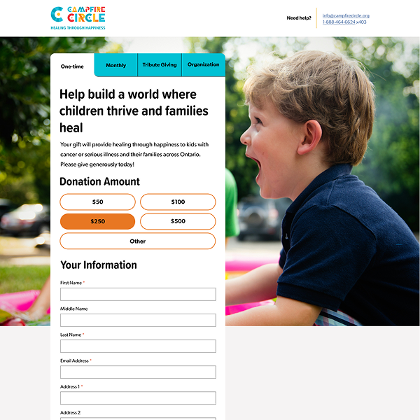 Screenshot of the Campfire Circle Donation Form design by Justine Pitcher